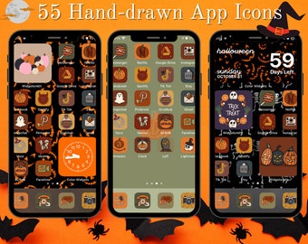 Iconos de aplicaciones de Halloween dibujados a mano / Portadas para iOS 14 (55 iconos)