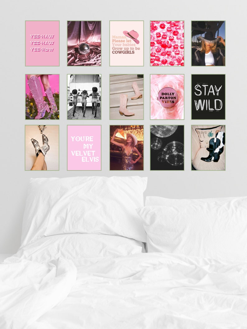May include: A collage of 10 images with a country western theme. The images include a pink background with the text "Yee-haw" repeated, a pink background with the text "Dolly Parton Vibes", a black background with the text "Stay Wild", a pink background with the text "Mamas Please Let Your Babies Grow Up To Be Cowgirls", a pink background with the text "You're My Velvet Elvis", a photo of a woman wearing a cowboy hat and a sparkly dress, a photo of a woman wearing a cowboy hat and a black shirt, a photo of a woman wearing cowboy boots, a photo of a woman wearing cowboy boots, and a photo of a woman wearing cowboy boots.