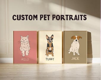 May include: Three custom pet portraits in frames. The portraits are of a cat named Milo, a dog named Penny, and a dog named Jack. The portraits are in a minimalist style with a light background.