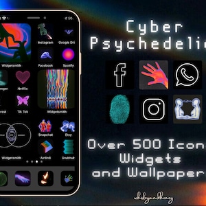 May include: A colorful iPhone screen with over 500 icons, widgets, and wallpapers. The screen is filled with app icons, including Instagram, Facebook, Spotify, Netflix, TikTok, Snapchat, Etsy, and more. The text "Cyber Psychedelic" is displayed at the top of the screen.