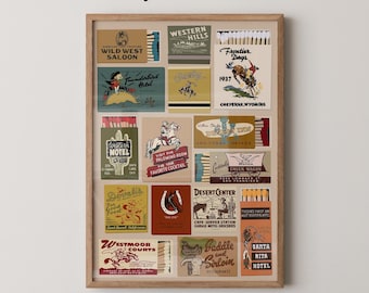Vintage Western Matchbook Art Print | Cowboy Bar Cart Decor