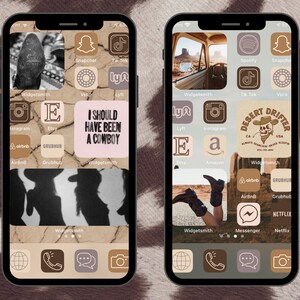 May include: A phone screen with a custom home screen design featuring a cowboy theme. The icons are arranged in a grid pattern and include apps like Instagram, Etsy, Airbnb, Grubhub, Spotify, Snapchat, TikTok, VSCO, Lyft, Amazon, and more. The background is a brown and white patterned design. The text "I should have been a cowboy" is displayed on one of the icons.