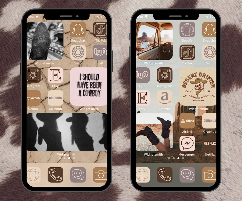 May include: A phone screen with a custom home screen design featuring a cowboy theme. The icons are arranged in a grid pattern and include apps like Instagram, Etsy, Airbnb, Grubhub, Spotify, Snapchat, TikTok, VSCO, Lyft, Amazon, and more. The background is a brown and white patterned design. The text "I should have been a cowboy" is displayed on one of the icons.