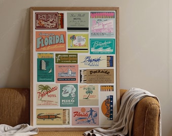 May include: A framed wall art print featuring a collage of vintage matchbook covers from various Florida hotels and resorts. The rectangular print displays colorful graphic designs, typography, and illustrations of palm trees, beaches, and local landmarks.