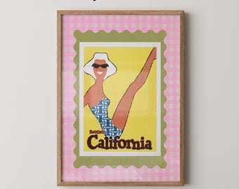 Southern California Travel Poster | Retro Beach Girl Art (Physical Print)