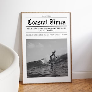 Descarga digital / Coastal Times Newspaper Art Print / Arte imprimible / Vaquera costera / Cartel de papel de noticias / Arte de moda / Surfs Up / Western