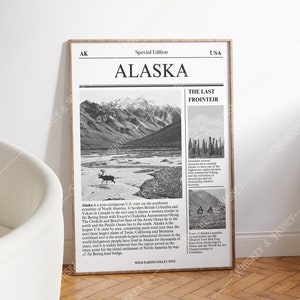 Descarga digital / Impresión de arte del estado de Alaska / Cartel estatal / Impresión de arte de periódico / Blanco y negro / Arte grande / Arte de pared minimalista /