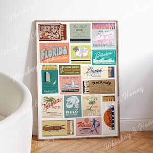 Pobieranie cyfrowe | Sztuka Vintage Florida Matchboxs | Sztuka Bar Cart | Modna sztuka | Sztuka Matchbox | Plakat Florida | Dekoracja domu na plaży |