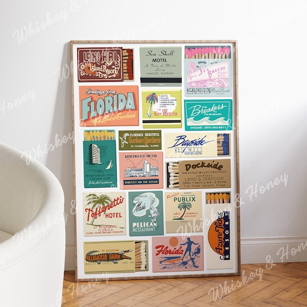Digital Download | Vintage Florida Matchbooks Art Print | Bar Cart Art | Trendy Art | Matchbook Art | Florida Poster | Beach House Decor |