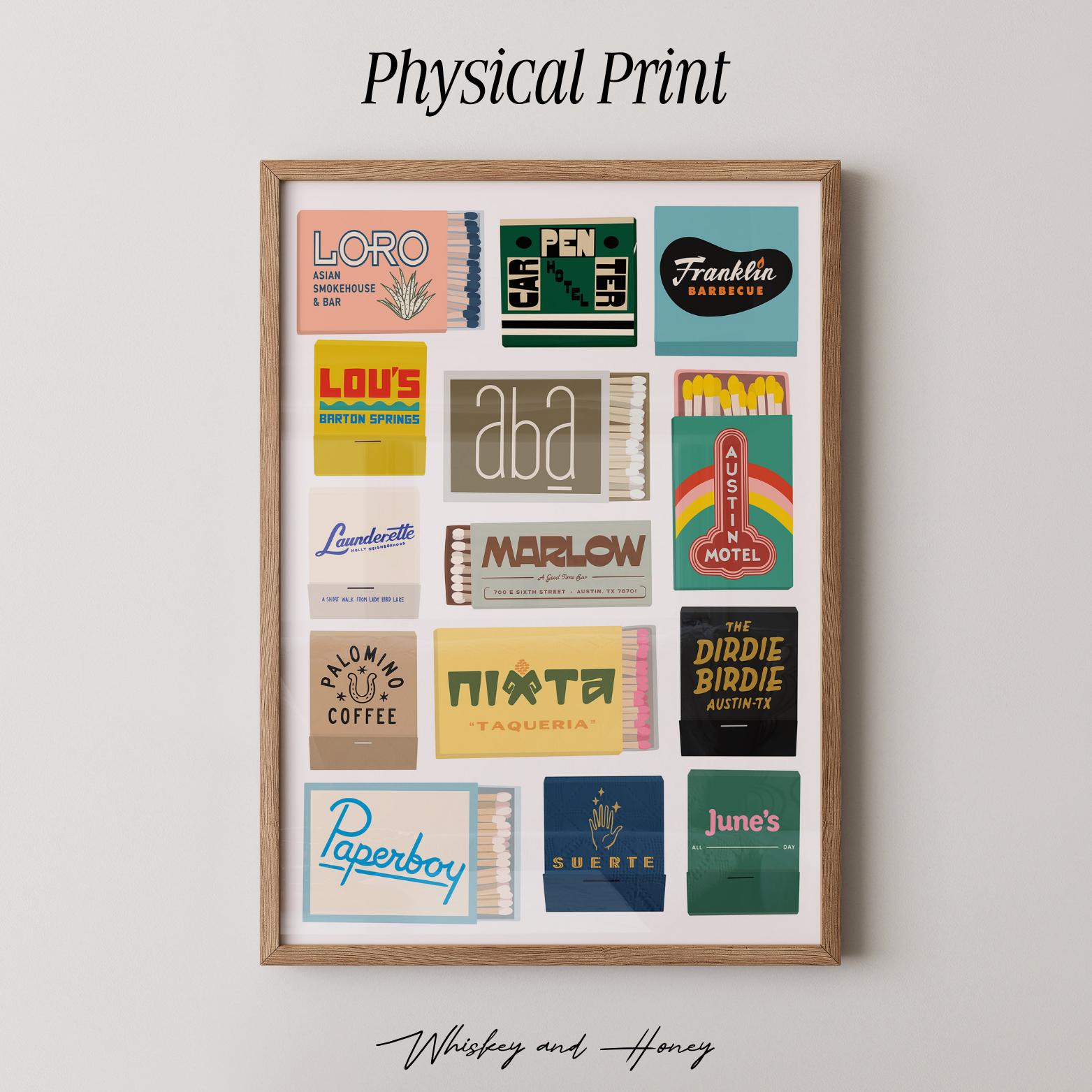 Physical Print | Austin Matchbook Vertical Art Print | Matchbook Collage | Austin Poster | Bar Cart Art | Austin Texas Wall Art
