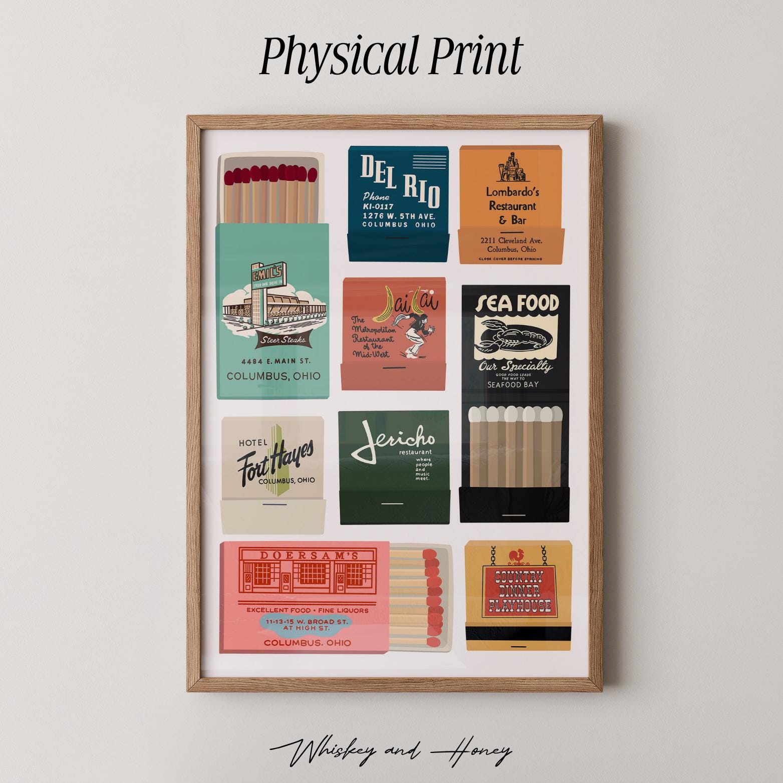 Physical Print | Columbus Ohio Matchbook Art Print | Vintage Columbus Matchbooks | Ohio Poster | Columbus Wall Art | Bar Cart Art |