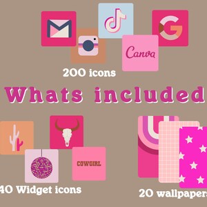 May include: A digital illustration of a collection of app icons and wallpapers in pink, white and blue colours. The text "Whats included" is in pink with a white outline. The text "200 icons" is in pink. The text "40 Widget icons" is in pink. The text "20 wallpapers" is in pink.