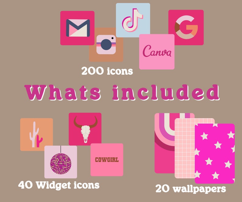 May include: A digital illustration of a collection of app icons and wallpapers in pink, white and blue colours. The text "Whats included" is in pink with a white outline. The text "200 icons" is in pink. The text "40 Widget icons" is in pink. The text "20 wallpapers" is in pink.
