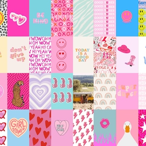 May include: A collage of 16 colorful digital illustrations with various themes, including positive affirmations, animal prints, and trendy patterns. The illustrations feature phrases like "Be Happy", "Don't Give Up", "Today is a Good Day", "Girl Power", and "Self Care".