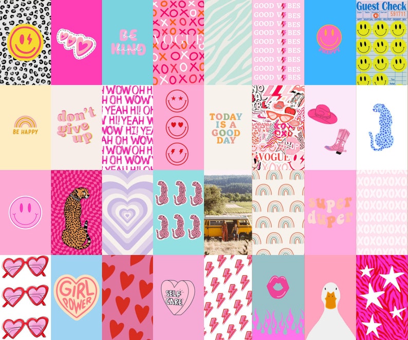 May include: A collage of 16 colorful digital illustrations with various themes, including positive affirmations, animal prints, and trendy patterns. The illustrations feature phrases like "Be Happy", "Don't Give Up", "Today is a Good Day", "Girl Power", and "Self Care".