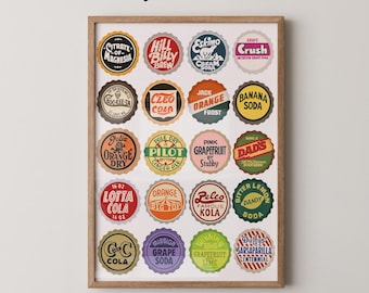 Vintage Soda Bottle Cap Art Print | Retro Kitchen Wall Art