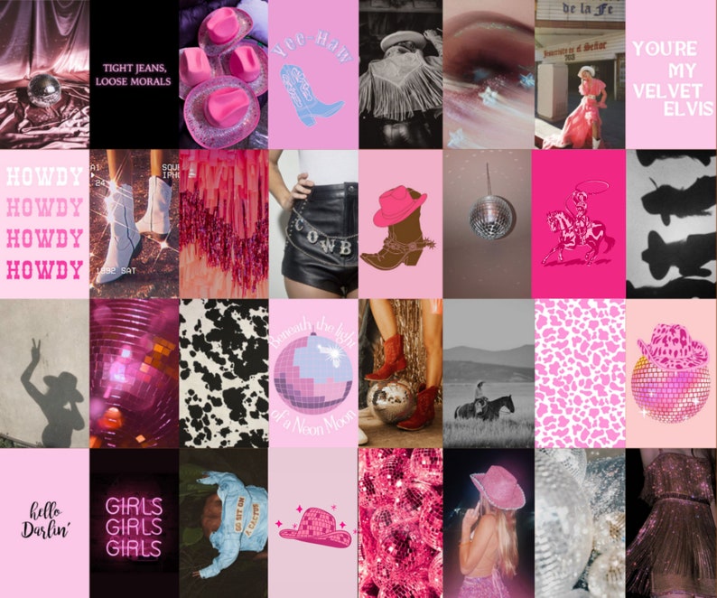 May include: A collage of images with a pink and black color scheme. The images include cowboy boots, hats, disco balls, and a cow print pattern. The text "Howdy" and "You're My Velvet Elvis" are also included.