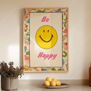 Digital Download | Be Happy Art Print | Retro Poster | Vintage Smiley Face Poster | Cute Wall Art | Living Room Poster | Girls Room Art