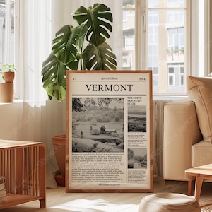 Descarga digital / Póster de arte del estado de Vermont / Arte de periódico / Póster de arte estatal en blanco y negro / Póster de viaje / Impresión de arte minimalista /