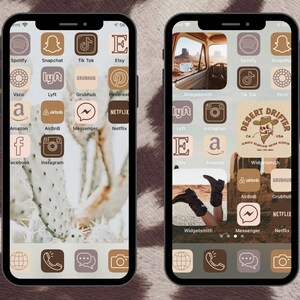 May include: A screenshot of a mobile phone displaying a customized home screen with app icons. The icons are in a grid pattern and feature a desert theme with brown, beige, and white colors. The icons include apps like Spotify, Snapchat, Tik Tok, Etsy, Vsco, Lyft, Grubhub, Pinterest, Amazon, Airbnb, Messenger, Netflix, Facebook, Instagram, Widgetsmith, and more. The background image is a close-up of a cactus.