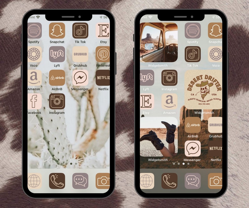 May include: A screenshot of a mobile phone displaying a customized home screen with app icons. The icons are in a grid pattern and feature a desert theme with brown, beige, and white colors. The icons include apps like Spotify, Snapchat, Tik Tok, Etsy, Vsco, Lyft, Grubhub, Pinterest, Amazon, Airbnb, Messenger, Netflix, Facebook, Instagram, Widgetsmith, and more. The background image is a close-up of a cactus.