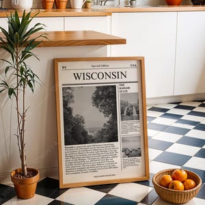 Descarga digital / Póster artístico del estado de Wisconsin / Arte periodístico / Póster estatal de arte en blanco y negro / Póster de viaje / Impresión artística minimalista /