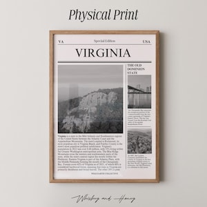 Physical Print | Virginia State Art Poster | Newspaper Art | Black and White Art State Poster | Travel Poster | Minimalist Art Print |