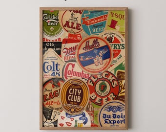 May include: A framed print displaying a collage of vintage beer labels in various colours, including red, blue, and yellow. The print has the text "Physical Print" at the top and "Whiskey and Honey" at the bottom.