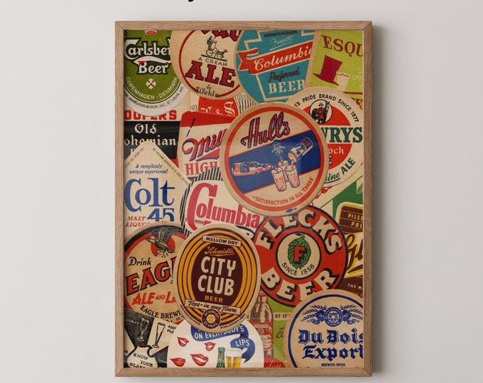 Vintage Beer Coasters Art Print | Man Cave Bar Cart Decor