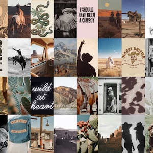 K&ouml;nnte beinhalten: Eine Collage von Bildern mit Western-Thema. Die Bilder zeigen eine Schlange, einen Cowboy, eine W&uuml;stenlandschaft, einen Kaktus, ein Pferd und ein Schild mit der Aufschrift "Wild at Heart".