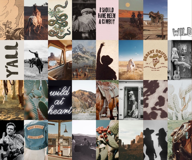 K&ouml;nnte beinhalten: Eine Collage von Bildern mit Western-Thema. Die Bilder zeigen eine Schlange, einen Cowboy, eine W&uuml;stenlandschaft, einen Kaktus, ein Pferd und ein Schild mit der Aufschrift "Wild at Heart".