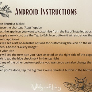 Puede incluir: Un conjunto de instrucciones para personalizar los iconos de las aplicaciones en un dispositivo Android. Las instrucciones est&aacute;n escritas en texto negro sobre un fondo marr&oacute;n con un dise&ntilde;o floral en la parte superior. El texto incluye la frase "Android Instructions" y una lista de pasos a seguir. La imagen tambi&eacute;n incluye una ilustraci&oacute;n de una abeja con el texto "Whakey and Honey".