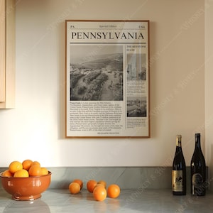 Descarga digital / Póster de arte del estado de Pensilvania / Arte de periódico / Póster de arte estatal en blanco y negro / Póster de viaje / Impresión de arte minimalista /