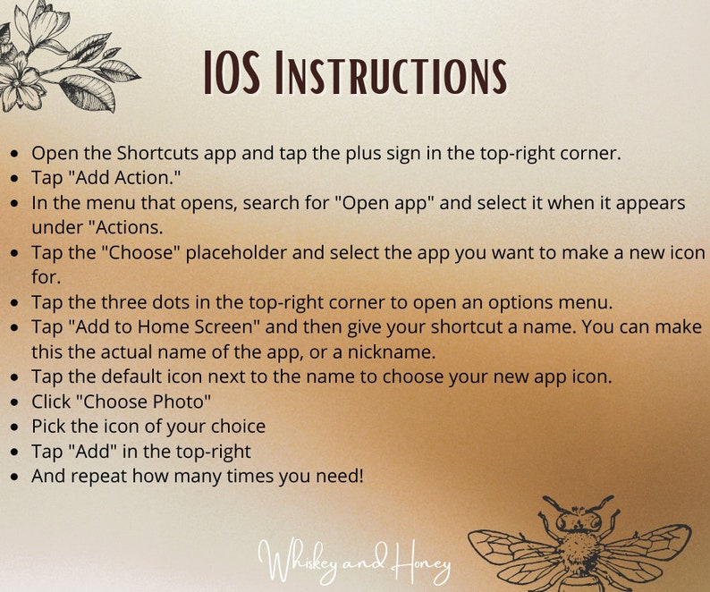 Puede incluir: Un fondo beige con texto negro que describe las instrucciones para crear un acceso directo de iOS. El texto dice "IOS INSTRUCTIONS" e incluye pasos como "Abre la aplicaci&oacute;n Atajos y toca el signo m&aacute;s en la esquina superior derecha." y "Toca "Agregar a la pantalla de inicio" y luego dale un nombre a tu acceso directo."