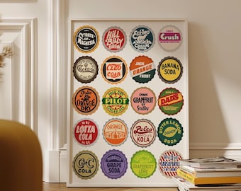 Vintage Soda Bottle Caps Art Print | Retro Kitchen Decor (Digital Download)