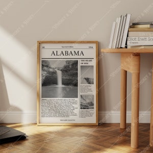 Téléchargement numérique | Impression d'art de l'Alabama | affiche d'État | Impression d'art de journal | Noir et blanc | Grande oeuvre d'art | Art mural minimaliste | millésime | États-Unis