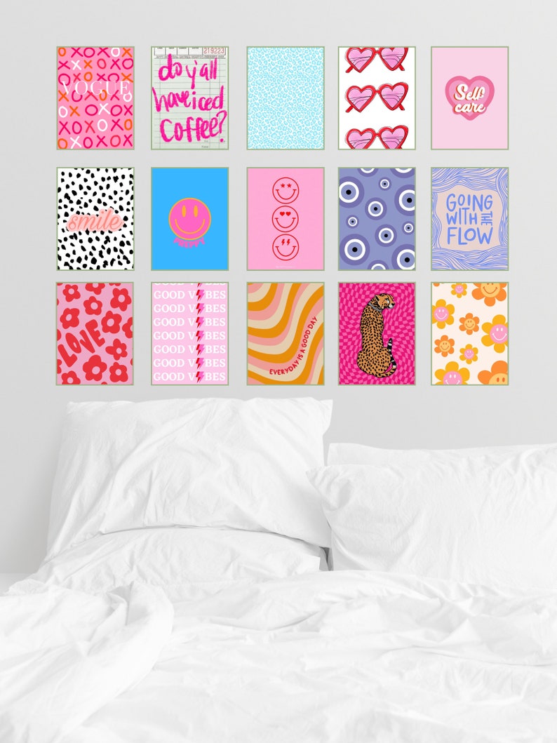May include: A collection of 12 colorful wall prints with various designs and text. The prints feature phrases like "Good Vibes", "Self Care", and "Going With The Flow".
