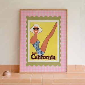 Descarga digital / Póster de viaje retro del sur de California / Arte mural de California / Póster de viaje vintage / Arte de chica playera / Arte de moda /