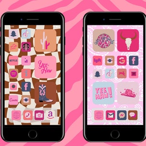 May include: Two images of a smartphone with a pink and brown checkered background. The first image has a cowboy boot, cactus, and the text "Yee-Haw". The second image has a disco ball, a cow skull, and the text "Yee Haw".