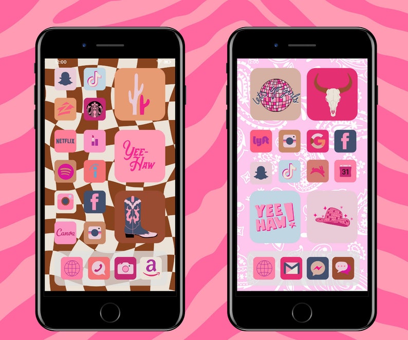 May include: Two images of a smartphone with a pink and brown checkered background. The first image has a cowboy boot, cactus, and the text "Yee-Haw". The second image has a disco ball, a cow skull, and the text "Yee Haw".