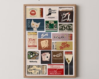 Impresión artística de collage de cajas de cerillas / Decoración de carrito de bar moderno de mediados de siglo