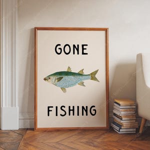 Descarga digital / Impresión artística de Gone Fishing / Arte de pared lindo / Impresión artística para habitación de niños / Póster de pesca / Arte occidental / Decoración de pesca / Arte de peces