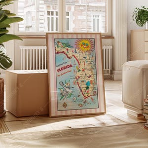 Digitale download | Vintage kaartkunstdruk Florida | Reisposter | Muurkunst Florida | Retro kaartkunst | Cadeau-ideeën | Kunstafdruk Florida