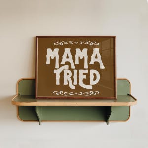 May include: A framed print with the words "MAMA TRIED" in white, bold lettering on a brown background. The print is displayed on a green and tan shelf, mounted on a white wall. The print has decorative scrollwork.