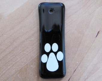 Hand-Painted Glass Pendant, Black & White, Paw Print Accent