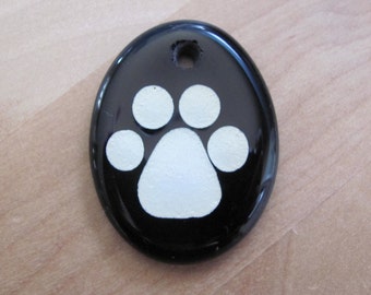 Hand-Painted Glass Pendant, Black & White, Paw Print Accent