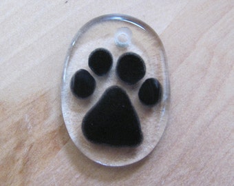 Hand-Painted Glass Pendant, Clear Oval, Black Paw Print Accent