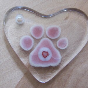 Hand-Painted Glass Pendant, Pink Heart, Adorable Paw Print Accent