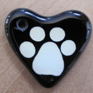 Hand-Painted Glass Pendant, Black Heart, Adorable White Paw Print Accent
