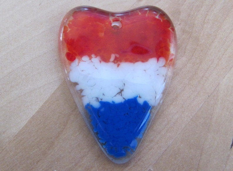 Handmade Glass Pendant, Red, White & Blue Oblong Heart, Patriotic Pattern image 1